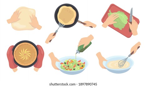 Human hands preparing food flat set for web design. Cartoon process of cooking pie, mixing dough, cutting salad isolated vector illustration collection. Meal and culinary art concept