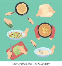 human hands preparing food flat set vector design illustration