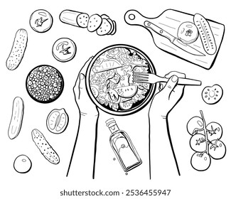 Mãos Humanas Preparando Salada Vegetal, Ingredientes Alimentares. Ilustração de rabisco preto vetorial