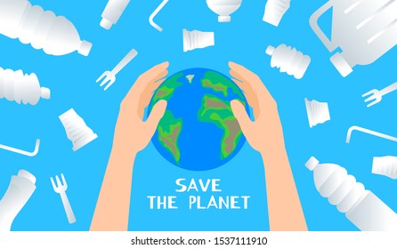 human hands protect the earth planet from plastic waste ecology concept