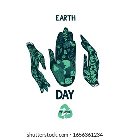 Las manos humanas protegen nuestro planeta verde - la Tierra. Afiche vertical hasta el día 22 de abril   2020 aislado, de estilo moderno plano, con hojas verdes y colores de contraste. La naturaleza de la ilustración de la huella de hierbas ecológicas. Reciclar 