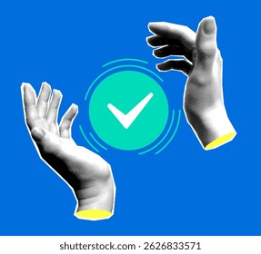 Human hands protect the quality mark. Automation of labor. Quality guarantee. Green check mark. Insurance concept. Modern collage