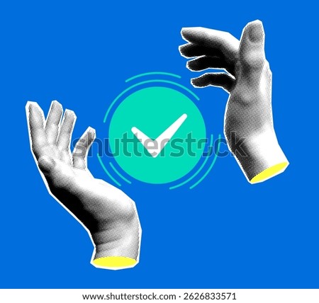 Human hands protect the quality mark. Automation of labor. Quality guarantee. Green check mark. Insurance concept. Modern collage