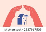 Human hands protect small house. Arms Create secure environment for real estate via home roof gesture. Insurance, safety, security for buildings. Vector illustration
