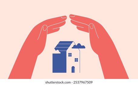 Human hands protect small house. Arms Create secure environment for real estate via home roof gesture. Insurance, safety, security for buildings. Vector illustration