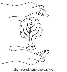 Human hands protect the tree. The drawing is made by a solid line. Isolated stock vector illustration.