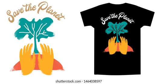 The human hands protect tree on Earth in bright colors. Slogan - Save the Planet. Hand drawn vector illustration. Print for trendy t shirt and logo design, cards, posters, stickers.