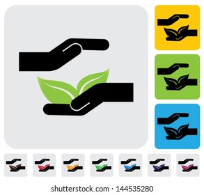 Human hands protecting nature concept- simple vector graphic. This illustration represents concept of conservation of forests, protection of ecosystems, prevention of deforestation, growing trees, etc