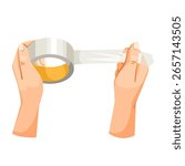 Human hands pulling clear adhesive tape from a roll, flat graphic style, isolated on white background. Concept of packaging or sealing. Vector illustration