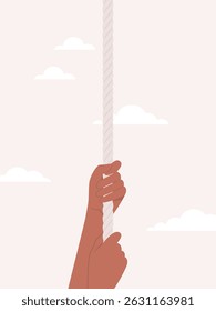 Mãos humanas puxando a corda de cima em um fundo bege nublado. Ilustração de vetor plano