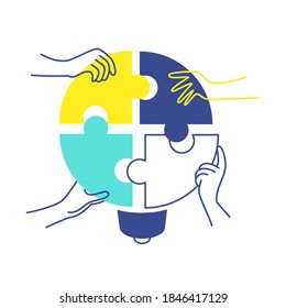 Human hands putting puzzle pieces together. Idea concept. Vector illustration.