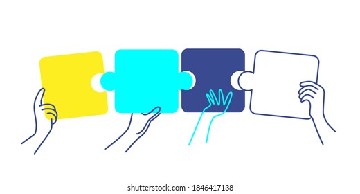 Human hands putting puzzle pieces together. Vector illustration.