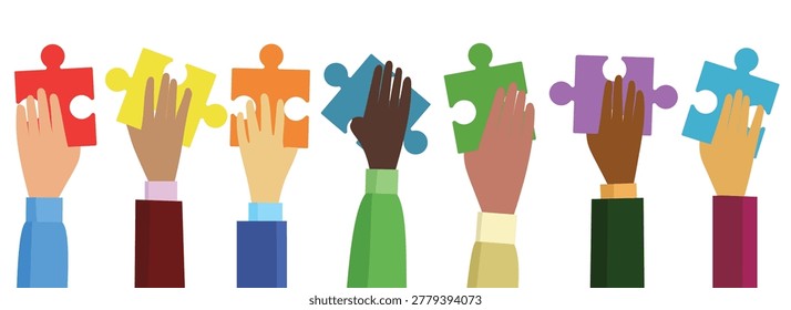 Human hands with puzzles. Collective problem solving concept vector illustration