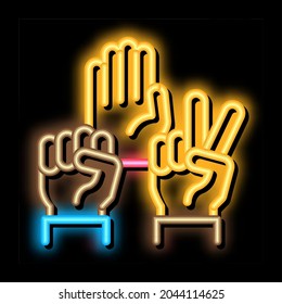 human hands race gestures neon light sign vector. Glowing bright icon human hands race gestures sign. transparent symbol illustration