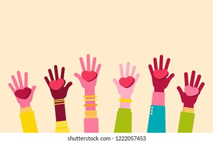 Human hands raised up with hearts, people volunteering to help, vector illustration
