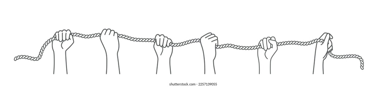 Human hands raised up hold the rope. Hand drawn vector illustration.