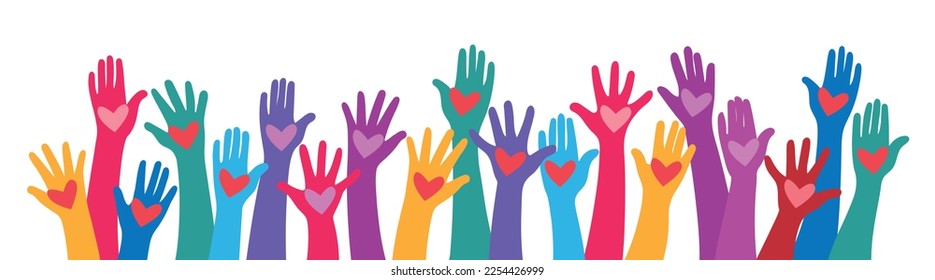 Human hands Raised up with red hearts. Charity, volunteering and donating concept. Flat vector illustration.