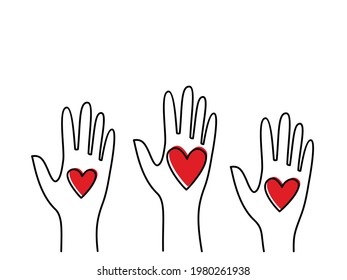 human hands raised up, heart in the palm, charity illustration