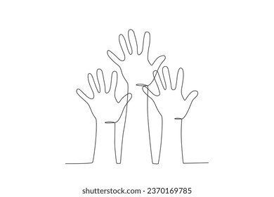Human hands raised up. Human rights day one-line drawing
