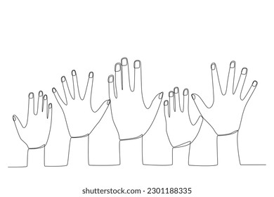 Human hands raised. World population one-line drawing