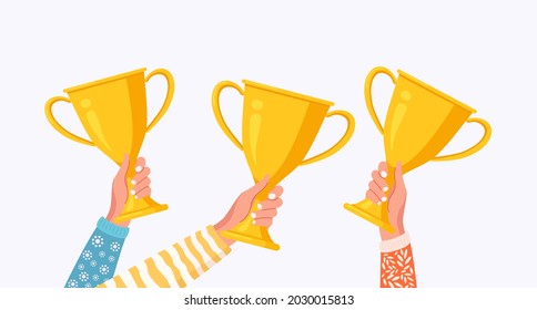 Human hands raising golden cup. Trophy award, prize for winner. Gold goblet for first place. Business or sport competition. Vector illustration