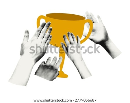 Human hands reaching for gold trophy cup. Vintage halftone sticker, element for collage and scrapbook. Teamwork, winning, business success and achievement concept. Modern retro vector illustration