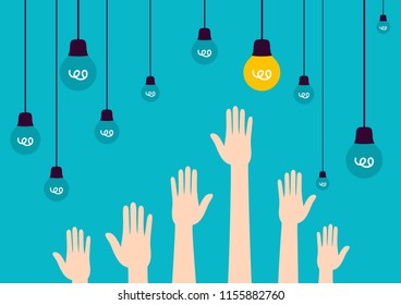 human hands reaching for the lamps, the only lamp shines, on a blue background vector illustration