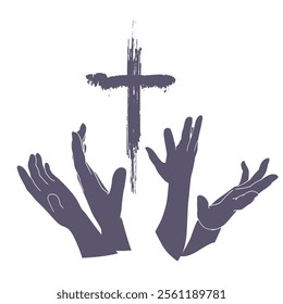 Human hands reaching out to the Christian cross, almost touching. Help, religion and love concept. Cross icon between hands