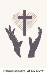 Human hands reaching out to the Christian cross, almost touching. Help, religion and love concept. Cross icon between hands