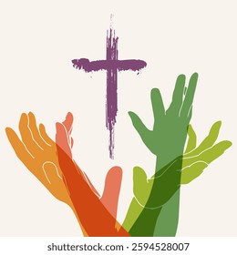 Human hands reaching out to the Christian cross, almost touching. Help, religion and love concept. Cross icon between hands