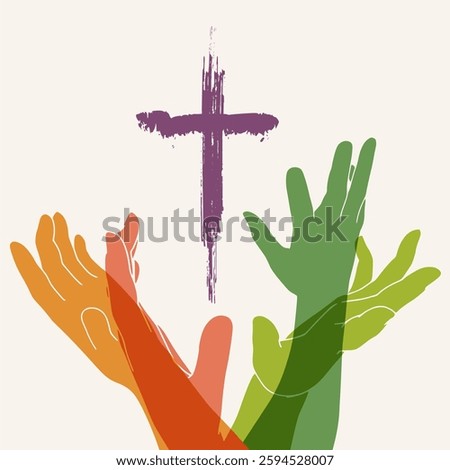 Human hands reaching out to the Christian cross, almost touching. Help, religion and love concept. Cross icon between hands