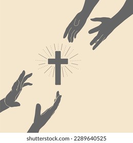 Human hands reaching out to one another, almost touching. Help, religion and love concept. Cross icon between hands