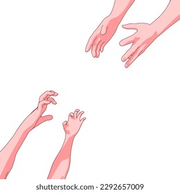 Human hands reaching out to one another, almost touching. Help concept