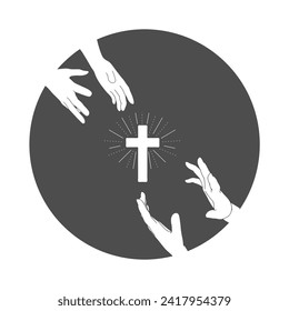 Human hands reaching out to one another, almost touching. Help, religion and love concept. Cross icon between hands