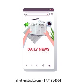 human hands reading newspaper daily news press mass media concept smartphone screen workplace desk top angle view copy space vector illustration