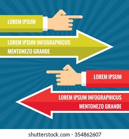 Human hands with red and green arrows - infographic business concept - vector illustration in flat style design for creative projects. Infograph blocks. Design element. 