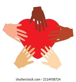 Human hands with red heart. Different skin colors hands. We are one human race. Love for everyone. Equal rights for all. Valentine's day concept. 