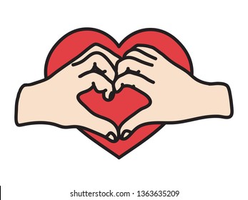 Human hands and red heart on a white background. Illustration.