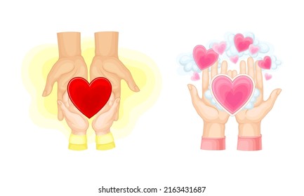Human hands with red hearts set. People sharing with love cartoon vector illustration