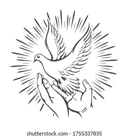 Human Hands Released Dove into the Sky drawn inTattoo style. Vector illustration.