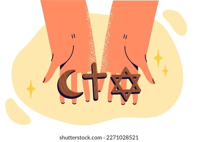 Human hands with religious amulets for believers of Islamic and Christian religion or Judaism. Miniature wooden Orthodox cross and Muslim crescent near Star of David for religious ceremonies 