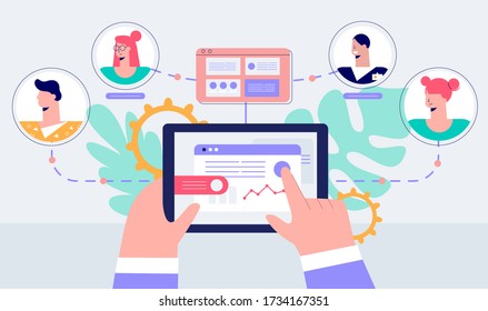 Human hands remote management of business teamwork vector flat illustration. Arms touching screen of tablet distant working on project with team isolated on white. Connection use digital technology