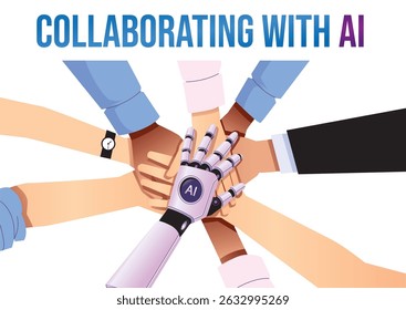 Human hands and robot hand united in teamwork, collaborating with AI to symbolize unity and collaboration.