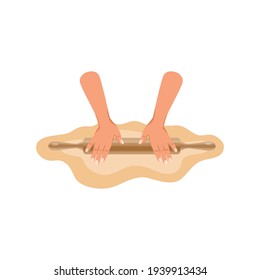 Human hands rolling dough with pin flat vector illustration