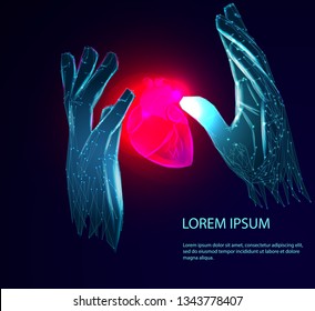 Human hands saves the heart. Human heart anatomy form lines and triangles, point connecting network on blue background. Medicine concept with geometry triangle. 