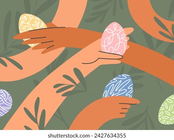Human hands search and find painted Easter eggs in grass. Happy Easter holiday design greeting card. Egg hunt vector illustration. Man or woman hand holding festive egg with nature leaf pattern shell