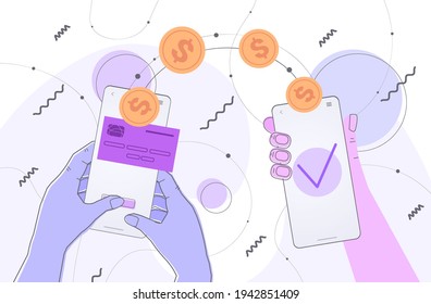manos humanas enviando monedas en dólares a través de teléfonos inteligentes concepto de transferencia de dinero pago transacciones financieras