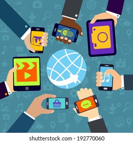 Human hands set holding mobile phones and tablet devices using mobile services concept vector illustration