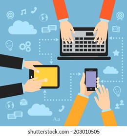 Human hands set holding touching mobile phones computer and tablet devices communication concept vector illustration