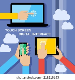 Human hands set holding touching mobile phones screens computer and communication gadgets vector illustration